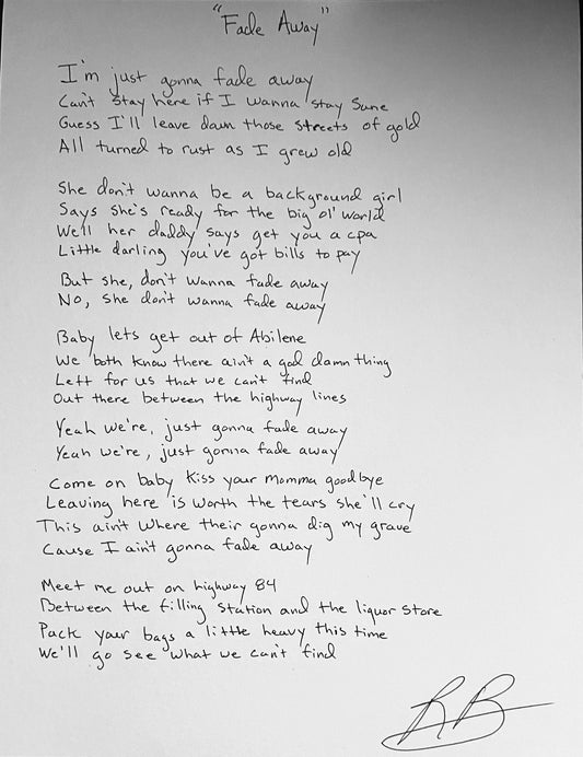Rob Baird Framed Handwritten Lyrics